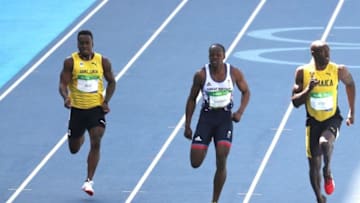 Aug 13, 2016; Rio de Janeiro, Brazil; Jahvid Best (LCA) and and James Dasaolu (GBR) and Usain Bolt (JAM) compete in a men