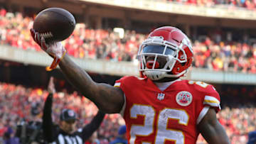 KANSAS CITY, MO - DECEMBER 09: Kansas City Chiefs running back Damien Williams (26) celebrates after scoring the game tying touchdown on a 5-yard reception late in the fourth quarter of an NFL game between the Baltimore Ravens and Kansas City Chiefs on December 9, 2018 at Arrowhead Stadium in Kansas City, MO. (Photo by Scott Winters/Icon Sportswire via Getty Images)