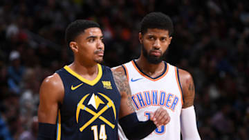 DENVER, CO - FEBRUARY 1: Paul George #13 of the Oklahoma City Thunder and Gary Harris #14 of the Denver Nuggets look on February 1, 2018 at the Pepsi Center in Denver, Colorado. NOTE TO USER: User expressly acknowledges and agrees that, by downloading and/or using this Photograph, user is consenting to the terms and conditions of the Getty Images License Agreement. Mandatory Copyright Notice: Copyright 2018 NBAE (Photo by Garrett Ellwood/NBAE via Getty Images)