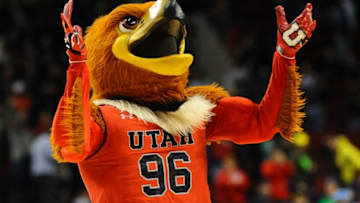 Mar 21, 2015; Portland, OR, USA; Utah Utes mascot performs against the Georgetown Hoyas during the second half in the third round of the 2015 NCAA Tournament at Moda Center. The Utes defeated the Hoyas 75-64. Mandatory Credit: Godofredo Vasquez-USA TODAY Sports