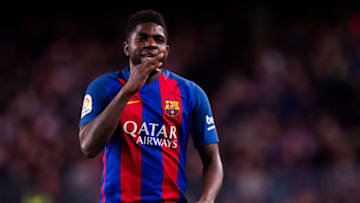 BARCELONA, SPAIN - MARCH 04: Samuel Umtiti of FC Barcelona celebrates after scoring his team's fourth goal during the La Liga match between FC Barcelona and RC Celta de Vigo at Camp Nou stadium on March 4, 2017 in Barcelona, Spain. (Photo by Alex Caparros/Getty Images)