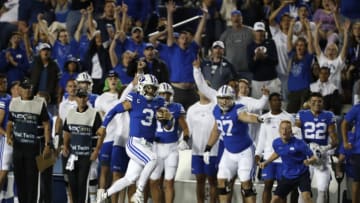 Sep 11, 2021; Provo, Utah, USA; Brigham Young Cougars quarterback Jaren Hall (3) runs for a first down in the second quarter against the Utah Utes at LaVell Edwards Stadium. Mandatory Credit: Jeffrey Swinger-USA TODAY Sports