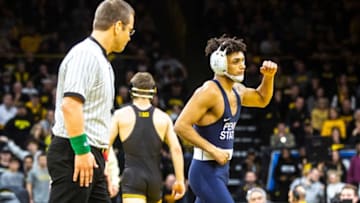 Penn State's Roman Bravo-Young reacts after winning by injury default against Austin DeSanto at 133 pounds during a NCAA Big Ten Conference wrestling dual, Friday, Jan. 31, 2020, at Carver-Hawkeye Arena in Iowa City, Iowa.200131 Penn St Iowa Wr 027 Jpg