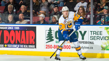 KELOWNA, BC - DECEMBER 01: Kirby Dach #77 of the Saskatoon Blades skates with the puck against the Kelowna Rockets at Prospera Place on December 1, 2018 in Kelowna, Canada. (Photo by Marissa Baecker/Getty Images)