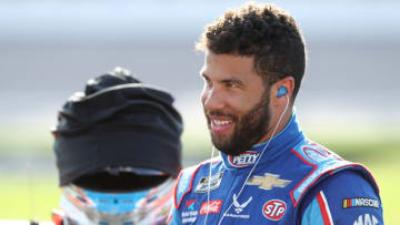 KANSAS CITY, KANSAS - JULY 23: Bubba Wallace, driver of the #43 Victory Junction Chevrolet, prepares for the NASCAR Cup Series Super Start Batteries 400 Presented by O'Reilly Auto Parts at Kansas Speedway on July 23, 2020 in Kansas City, Kansas. (Photo by Jamie Squire/Getty Images)