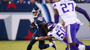 NASHVILLE, TN - AUGUST 30: Cameron Batson #17 of the Tennessee Titans gets tackled by Eric Wilson #50 of the Minnesota Vikings during the first half of a pre-season game at Nissan Stadium on August 30, 2018 in Nashville, Tennessee. (Photo by Frederick Breedon/Getty Images)
