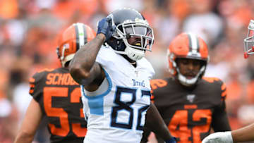 CLEVELAND, OH - SEPTEMBER 8, 2019: Tight end Delanie Walker #82 of the Tennessee Titans celebrates a catch for a first down in the second quarter of a game against the Cleveland Browns on September 8, 2019 at FirstEnergy Stadium in Cleveland, Ohio. Tennessee won 43-13. (Photo by: 2019 Nick Cammett/Diamond Images via Getty Images)