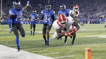Nov 5, 2016; Lexington, KY, USA; Georgia Bulldogs running back Sony Michel (1) dives for a touch down against the Kentucky Wildcats in the second half at Commonwealth Stadium. Georgia defeated Kentucky 27-24. Mandatory Credit: Mark Zerof-USA TODAY Sports