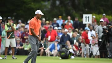 Jul 4, 2015; White Sulphur Springs, WV, USA; Tiger Woods on the 11th green at The Old White TPC. Mandatory Credit: Bob Donnan-USA TODAY Sports