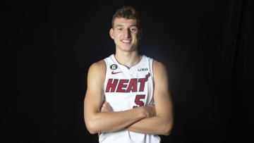 Nikola Jovic #5 of the Miami Heat poses for a portrait during media day at FTX Arena(Photo by Eric Espada/Getty Images)