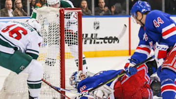 NEW YORK, NY - FEBRUARY 21: Minnesota Wild Defenceman Jared Spurgeon (46) scores a goal during the first period of the National Hockey League game between the Minnesota Wild and the New York Rangers on February 21, 2019 at Madison Square Garden in New York, NY. (Photo by Joshua Sarner/Icon Sportswire via Getty Images)