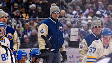 Mar 13, 2022; Hamilton, Ontario, CAN; Buffalo Sabres head coach Don Granato in the 2022 Heritage Classic ice hockey game against the Toronto Maple Leafs at Tim Hortons Field. Mandatory Credit: John E. Sokolowski-USA TODAY Sports