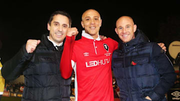 SALFORD, ENGLAND - NOVEMBER 06: Joint Salford City owners Gary Neville (L) and Nicky Butt (R) celebrate victory with goalscorer Richie Allen of Salford City after the Emirates FA Cup first round match between Salford City and Notts County at Moor Lane on November 6, 2015 in Salford, England. (Photo by Chris Brunskill/Getty Images)