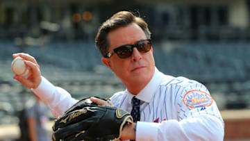 NEW YORK, NY - JUNE 08: Comedian and talk show host Stephen Colbert plays catch before a game between the New York Yankees and New York Mets at Citi Field on June 8, 2018 in the Flushing neighborhood of the Queens borough of New York City. (Photo by Rich Schultz/Getty Images)