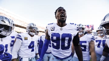 SANTA CLARA, CALIFORNIA - JANUARY 22: DeMarcus Lawrence #90 of the Dallas Cowboys reacts as he leads a huddle prior to an NFL divisional round playoff football game between the San Francisco 49ers and the Dallas Cowboys at Levi's Stadium on January 22, 2023 in Santa Clara, California. (Photo by Michael Owens/Getty Images)