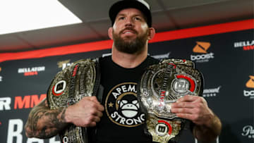 CALIFORNIA, UNITED STATES - JANUARY 26, 2019: American light heavyweight MMA fighter Ryan Bader poses with his trophies at a press conference on winning the Bellator Heavyweight World Grand Prix final bout against his Russian rival Fedor Emelianenko at the Forum in Inglewood, California; Bader knocked out Emelianenko 35 seconds into the bout. TASS (Photo by TASSTASS via Getty Images)