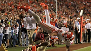 TALLAHASSEE, FL - OCTOBER 29: Jordan Leggett #16 of the Clemson Tigers scores a touchdown during a game against the Florida State Seminoles at Doak Campbell Stadium on October 29, 2016 in Tallahassee, Florida. (Photo by Mike Ehrmann/Getty Images)