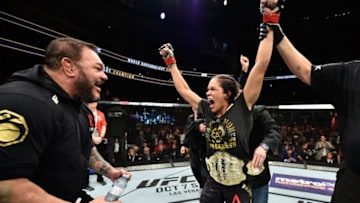 EDMONTON, AB - SEPTEMBER 09: Amanda Nunes of Brazil celebrates her victory over Valentina Shevchenko of Kyrgyzstan in their women's bantamweight bout during the UFC 215 event inside the Rogers Place on September 9, 2017 in Edmonton, Alberta, Canada. (Photo by Jeff Bottari/Zuffa LLC/Zuffa LLC via Getty Images)
