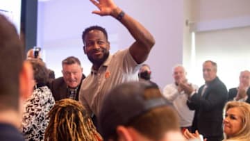 Auburn football interim coach Cadillac Williams is acknowledged during the introductory press conference for new head coach Hugh Freeze at the Woltosz Football Performance Center in Auburn, Ala., on Tuesday, Nov. 29, 2022