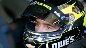FONTANA, CA - MARCH 17: Jimmie Johnson, driver of the #48 Lowe's for Pros Chevrolet, sits in his car during practice for the Monster Energy NASCAR Cup Series Auto Club 400 at Auto Club Speedway on March 17, 2018 in Fontana, California. (Photo by Jonathan Ferrey/Getty Images)