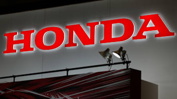 CHIBA, JAPAN - JANUARY 15: Honda Motor Co., Ltd. logo is shown on display at the 2016 Tokyo Auto Salon car show on January 15, 2016 in Chiba, Japan. TOKYO AUTO SALON 2016 is held from January 15 to 17, 2016. (Photo by Christopher Jue/Getty Images)