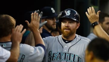 Jun 20, 2016; Detroit, MI, USA; Seattle Mariners first baseman Adam Lind (26) receives congratulations from teammates after he hits a two run home run in the fifth inning against the Detroit Tigers at Comerica Park. Mandatory Credit: Rick Osentoski-USA TODAY Sports