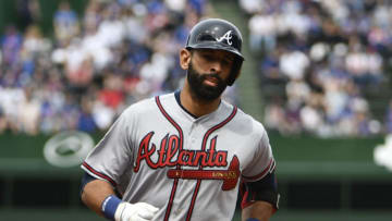 CHICAGO, IL - MAY 14: Jose Bautista #23 of the Atlanta Braves runs the bases after hitting a three-run homer against the Chicago Cubs during the fifth inning while wearing the #42 to commemorate Jackie Robinson Day on May 14, 2018 at Wrigley Field in Chicago, Illinois. (Photo by David Banks/Getty Images)
