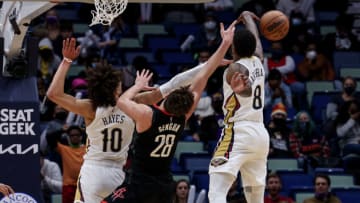 New Orleans Pelicans forward Naji Marshall (8) and center Jaxson Hayes (10) block the shot of Houston Rockets center Alperen Sengun (28) Credit: Stephen Lew-USA TODAY Sports