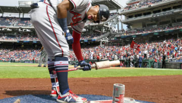 WASHINGTON, DC - JULY 22: Atlanta Braves left fielder Ronald Acuna Jr. (13) comes out to the on deck circle in the first inning during the game between the Atlanta Braves and the Washington Nationals on July 22, 2018, at Nationals Park, in Washington D.C. (Photo by Mark Goldman/Icon Sportswire via Getty Images)