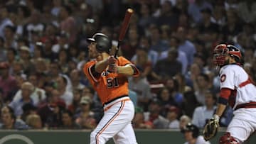 Jul 20, 2016; Boston, MA, USA; San Francisco Giants right fielder Mac Williamson (51) hits a three run home run during the fourth inning against the Boston Red Sox at Fenway Park. Mandatory Credit: Bob DeChiara-USA TODAY Sports