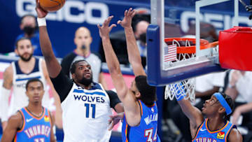 Minnesota Timberwolves center Naz Reid attempts the game-tying shot against the Oklahoma City Thunder. Mandatory Credit: Alonzo Adams-USA TODAY Sports