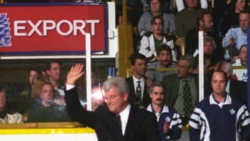 TORONTO, ON - NOVEMBER 14: 1998 Hall of Fame inductee Yvon Pedneault is honoured prior to the game between the Ottawa Senators and the Toronto Maple Leafs on November 14, 1998 at Maple Leaf Gardens in Toronto, Ontario, Canada. (Photo by Graig Abel/Getty Images)