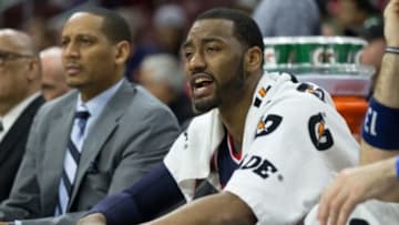 Mar 17, 2016; Philadelphia, PA, USA; Washington Wizards guard John Wall (2) yells from the players bench against the Philadelphia 76ers at Wells Fargo Center. The Washington Wizards won 99-94. Mandatory Credit: Bill Streicher-USA TODAY Sports