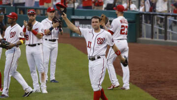 Oct 3, 2021; Washington, District of Columbia, USA; Washington Nationals first baseman Ryan Zimmerman (11) waves to the crowd after being removed from the game against the Boston Red Sox during the eighth inning at Nationals Park. Mandatory Credit: Geoff Burke-USA TODAY Sports