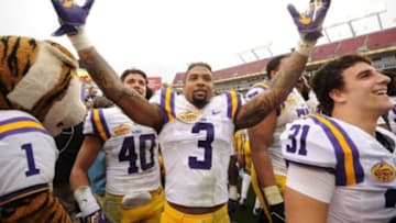 Jan 1, 2014; Tampa, Fl, USA; LSU Tigers wide receiver Odell Beckham (3) celebrates after defeating the Iowa Hawkeyes 21-14 at Raymond James Stadium. Mandatory Credit: Steve Mitchell-USA TODAY Sports