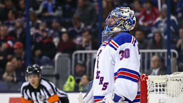 Apr 4, 2016; Columbus, OH, USA; New York Rangers goalie Henrik Lundqvist (30) against the Columbus Blue Jackets at Nationwide Arena. The Rangers won 4-2. Mandatory Credit: Aaron Doster-USA TODAY Sports