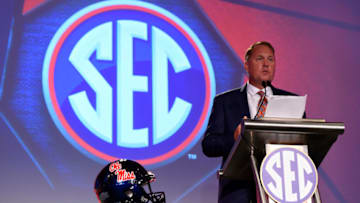 Head coach Hugh Freeze speaks to media during SEC Media Days. Mandatory Credit: Adam Hagy-USA TODAY Sports