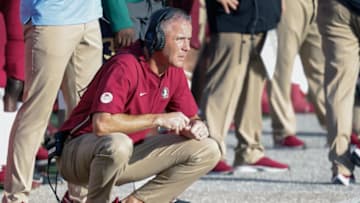 Sep 18, 2021; Winston-Salem, North Carolina, USA; Florida State Seminoles head coach Mike Norvell looks on from the sidelines during the second half against the Wake Forest Demon Deacons at Truist Field. Mandatory Credit: Reinhold Matay-USA TODAY Sports