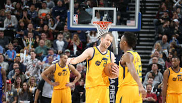 SALT LAKE CITY, UT - JANUARY 20: The Utah Jazz celebrate during the game against the LA Clippers on January 20, 2018 at Vivint Smart Home Arena in Salt Lake City, Utah. Copyright 2018 NBAE (Photo by Melissa Majchrzak/NBAE via Getty Images)
