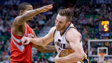 Feb 23, 2016; Salt Lake City, UT, USA; Utah Jazz forward Gordon Hayward (20) drives to the basket against Houston Rockets forward Trevor Ariza (1) during the second half at Vivint Smart Home Arena. Utah won in overtime 117-114. Mandatory Credit: Russ Isabella-USA TODAY Sports