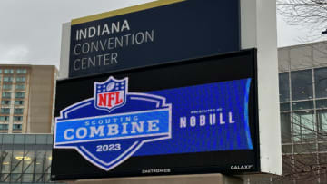 Feb 27, 2023; Indianapolis, IN, USA; The 2023 NFL Combine logo on the Indiana Convention Center marquee sign. Mandatory Credit: Kirby Lee-USA TODAY Sports