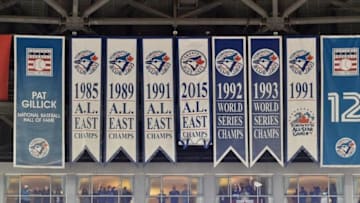 Oct 8, 2015; Toronto, Ontario, CAN; General view of past Toronto Blue Jays banners representing past American League and World Series championships prior to game one of the ALDS against the Texas Rangers at Rogers Centre. Mandatory Credit: Nick Turchiaro-USA TODAY Sports