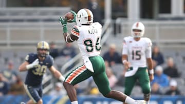 Nov 27, 2015; Pittsburgh, PA, USA; Miami Hurricanes tight end David Njoku (86) makes a catch against the Pittsburgh Panthers during the first quarter at Heinz Field. Mandatory Credit: Charles LeClaire-USA TODAY Sports