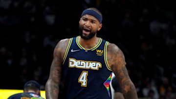 Denver Nuggets center DeMarcus Cousins (4) reacts during the second quarter against the Brooklyn Nets at Ball Arena on 6 Feb. 2022. (Ron Chenoy-USA TODAY Sports)
