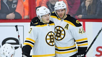 Nov 29, 2016; Philadelphia, PA, USA; Boston Bruins center David Krejci (46) celebrates his goal with defenseman Torey Krug (47) against the Philadelphia Flyers during the third period at Wells Fargo Center. The Flyers defeated the Bruins, 3-2 in a shootout. Mandatory Credit: Eric Hartline-USA TODAY Sports