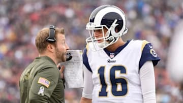 LOS ANGELES, CA - NOVEMBER 12: Head Coach Sean McVay of the Los Angeles Rams talks to quarterback Jared Goff