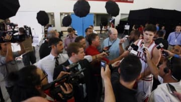 Sep 29, 2014; Chicago, IL, USA; Chicago Bulls forward Doug McDermott is interviewed during media day at the Advocate Center. Mandatory Credit: Jerry Lai-USA TODAY Sports