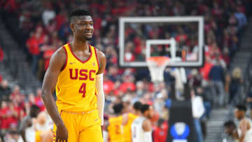 LAS VEGAS, NV - MARCH 10: USC forward Chimezie Metu (4) looks on during the championship game of the mens Pac-12 Tournament between the USC Trojans and the Arizona Wildcats on March 10, 2018, at the T-Mobile Arena in Las Vegas, NV. (Photo by Brian Rothmuller/Icon Sportswire via Getty Images)