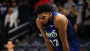 Minnesota Timberwolves center Karl-Anthony Towns looks on against the Phoenix Suns. Mandatory Credit: David Berding-USA TODAY Sports