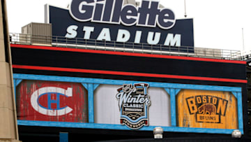 FOXBORO, MA - JANUARY 01: A general view of the Montreal Canadiens and Boston Bruins logos prior to the 2016 Bridgestone NHL Winter Classic at Gillette Stadium on January 1, 2016 in Foxboro, Massachusetts. (Photo by Jim Rogash/Getty Images)